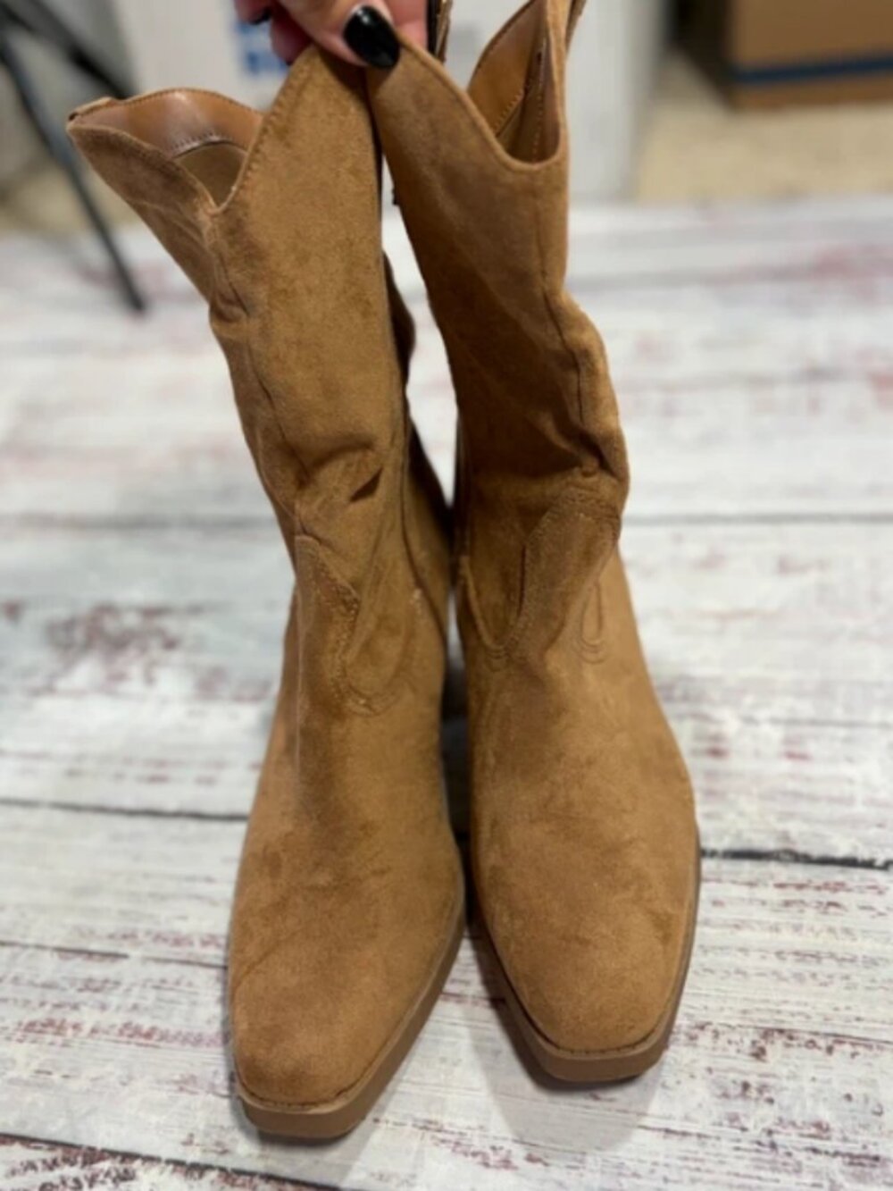 Pop Framework NEW Womens Slouch Boots Brown Stacked Heel Natural Faux Suede SZ 8